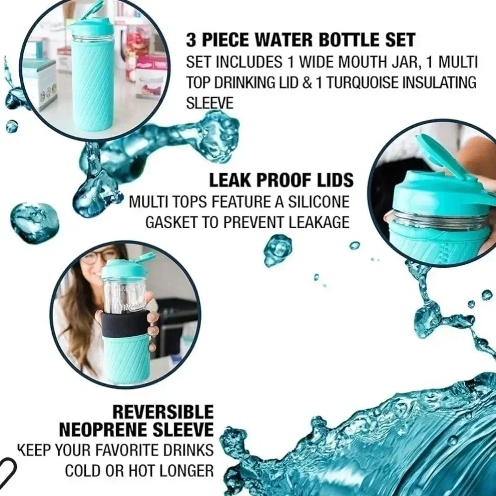 Masontops Regular Mouth Mason Jar Water Bottle Set, Teal
